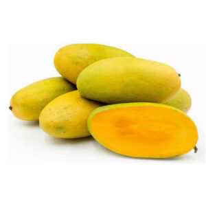 Fresh Dusheri mangoes sliced open showing juicy pulp.