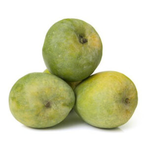 Ripe malgva mangoes with green skin on white background
